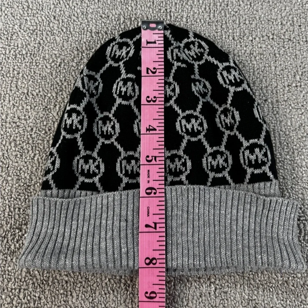 Michael Michael Kors Knit Beanie Hat Black Silver Metallic MK Monogram Logo